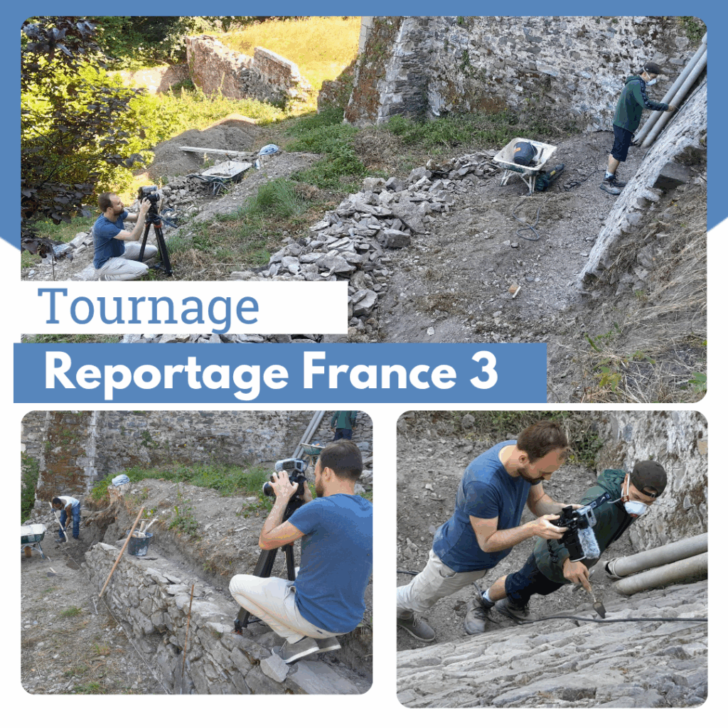 Reportage France 3 Pays de Loire, caméraman qui film notre équipe du Patrimoine bâti.